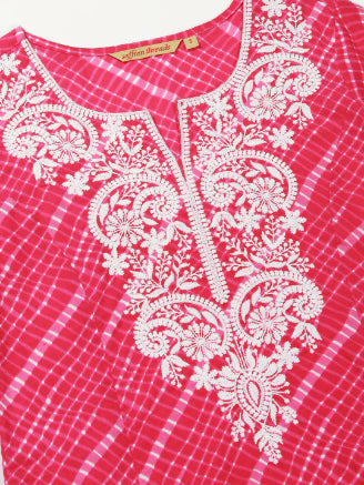 Fuchsia Leheriya Print Kurta with Chikankari Embroidery
