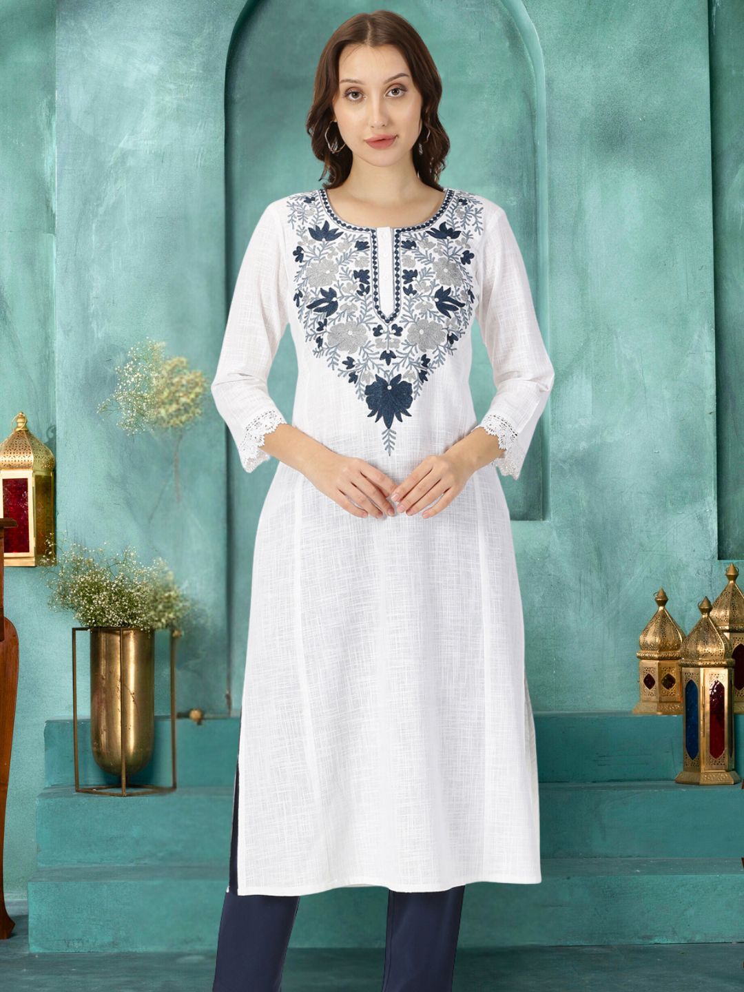 White Slub Kurta with Kashida Embroidery
