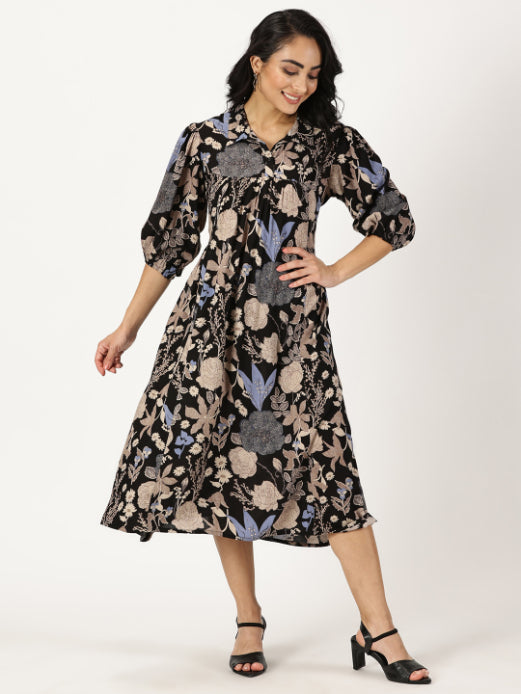 Black Tropical Print Shirt Collar Midi Dress  Saffron Threads