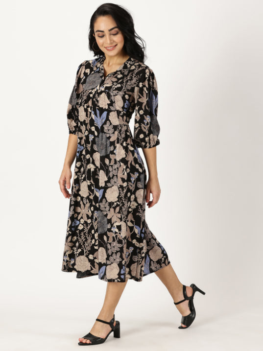 Black Tropical Print Shirt Collar Midi Dress