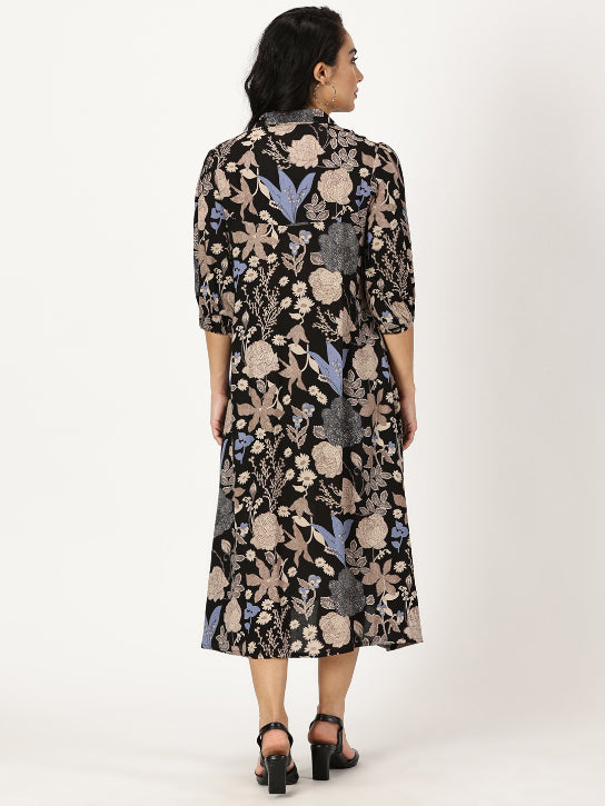 Black Tropical Print Shirt Collar Midi Dress