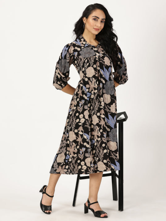 Black Tropical Print Shirt Collar Midi Dress