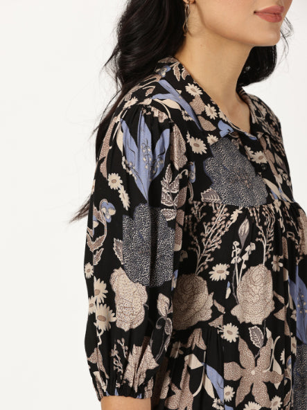 Black Tropical Print Shirt Collar Midi Dress