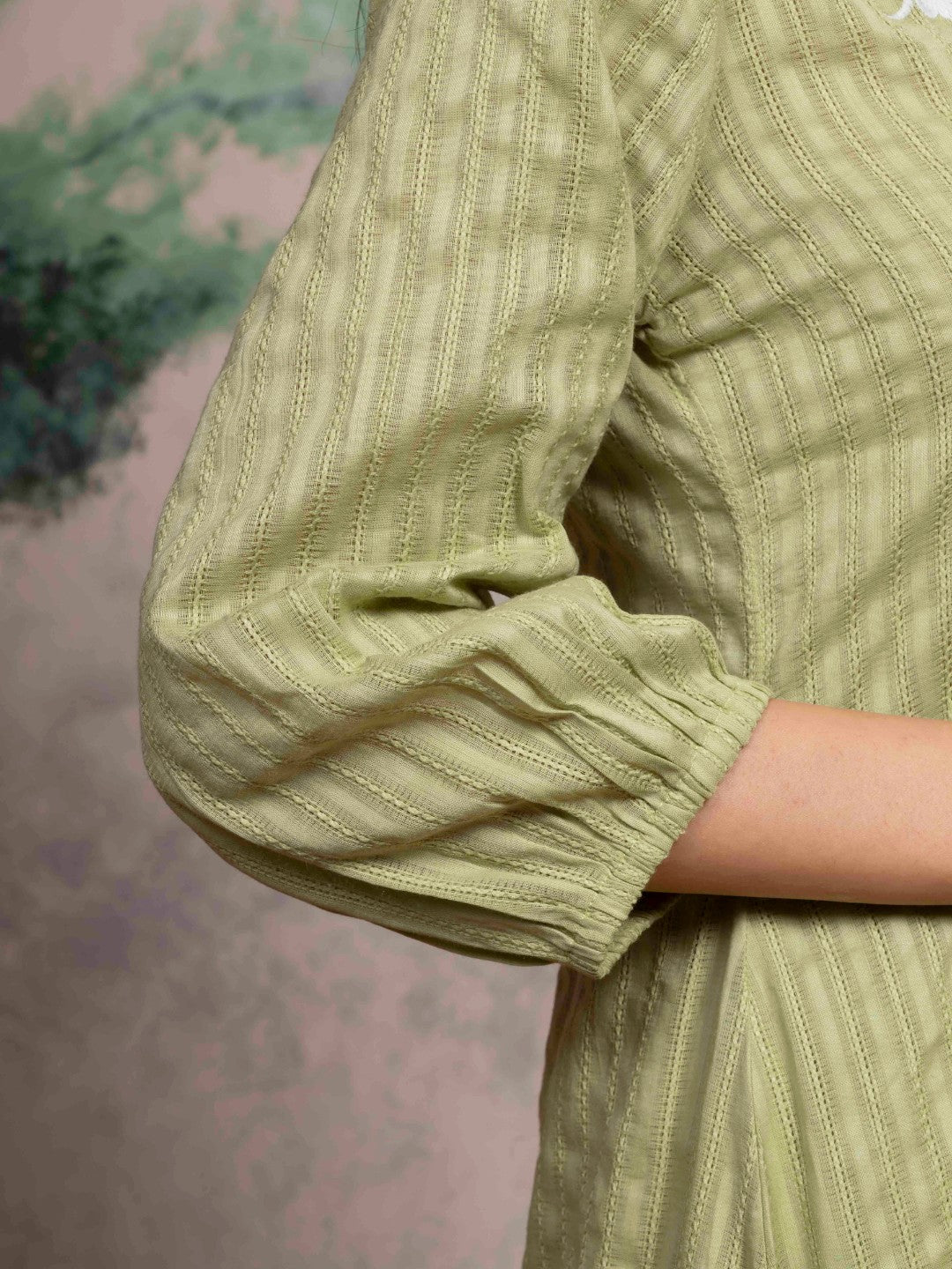 Mint Meadow Cotton Leno Stripe Embroidered Kurta Set with Palazzo