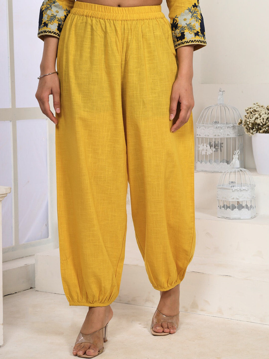 Golden Mustard Kashida Embroidered A-Line Cotton Kurta Set with Salwar