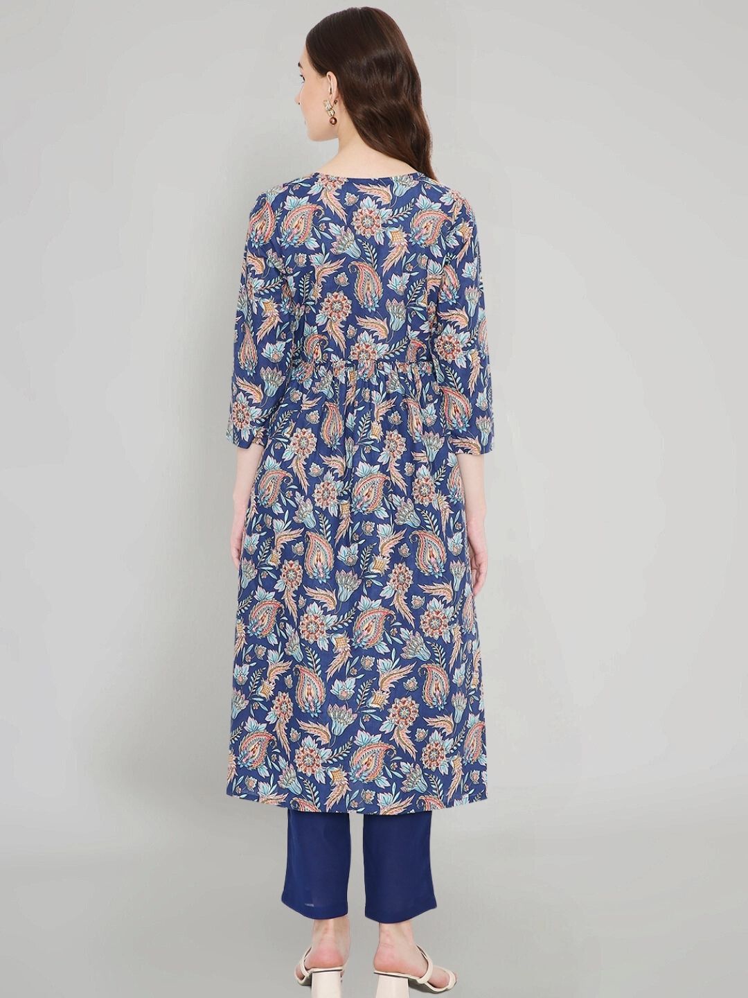 Navy Blue Paisley Print Angrakha Kurta with Mirror Embroidery and Gathers