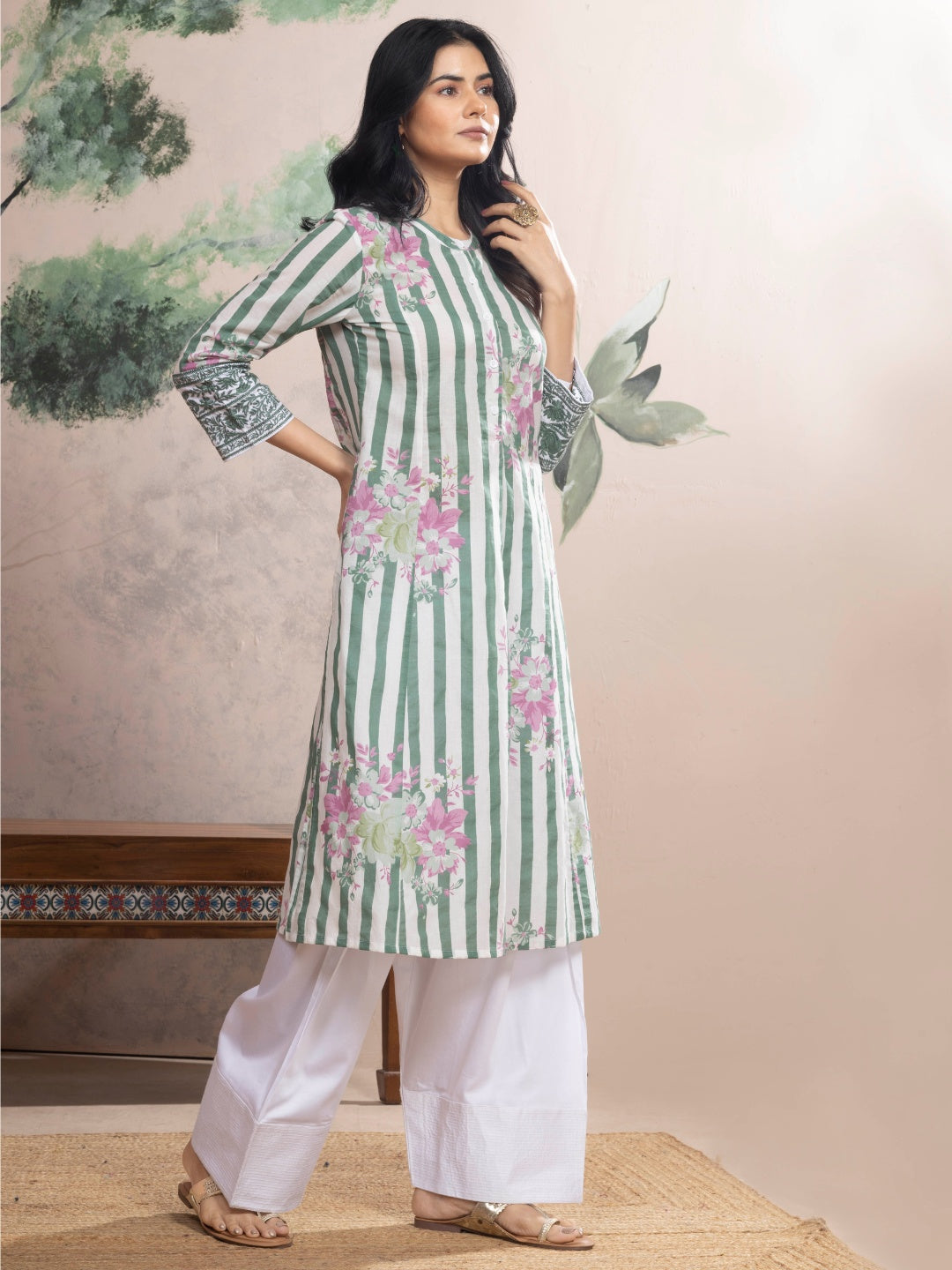Soft White Cotton Kurta with Forest Green Stripes & Floral Print