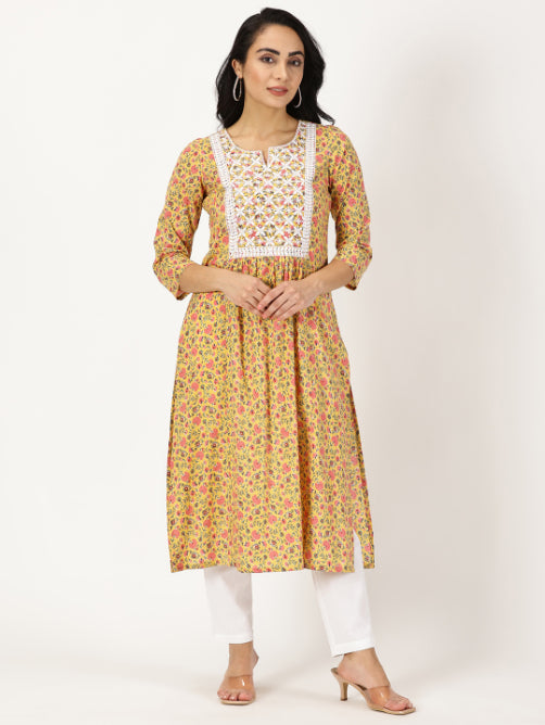 Yellow Floral Print Kurta with Chikankari Embroidery