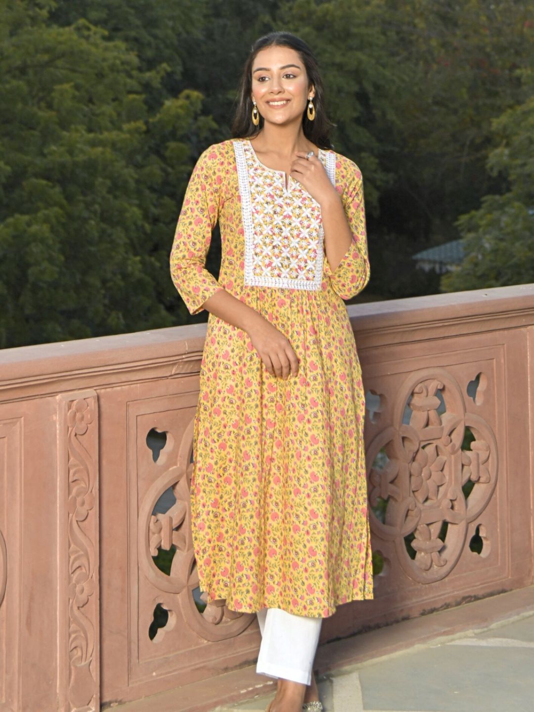 Yellow Floral Print Kurta with Chikankari Embroidery