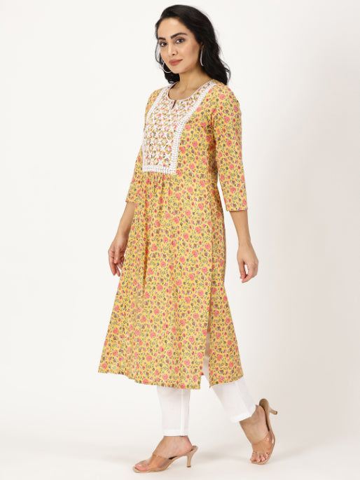 Yellow Floral Print Kurta with Chikankari Embroidery