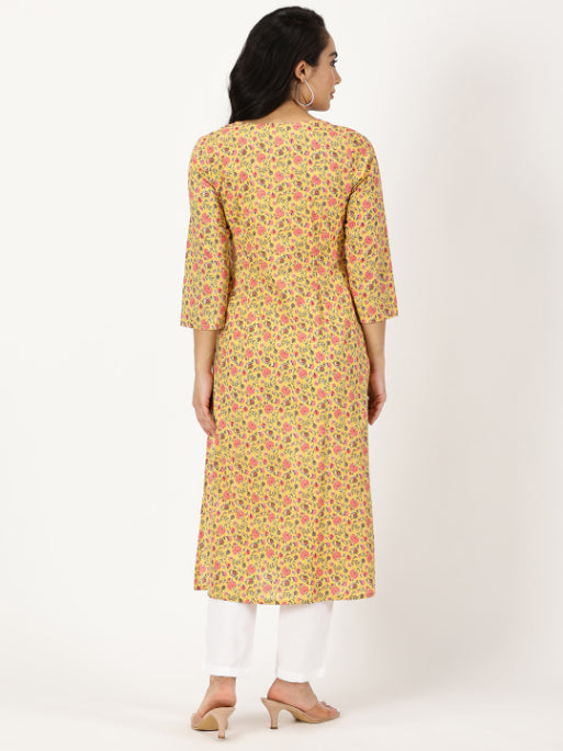 Yellow Floral Print Kurta with Chikankari Embroidery