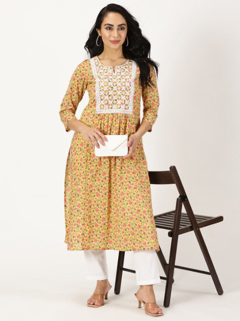 Yellow Floral Print Kurta with Chikankari Embroidery