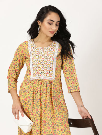 Yellow Floral Print Kurta with Chikankari Embroidery