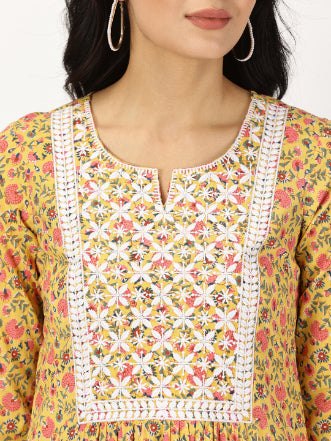 Yellow Floral Print Kurta with Chikankari Embroidery