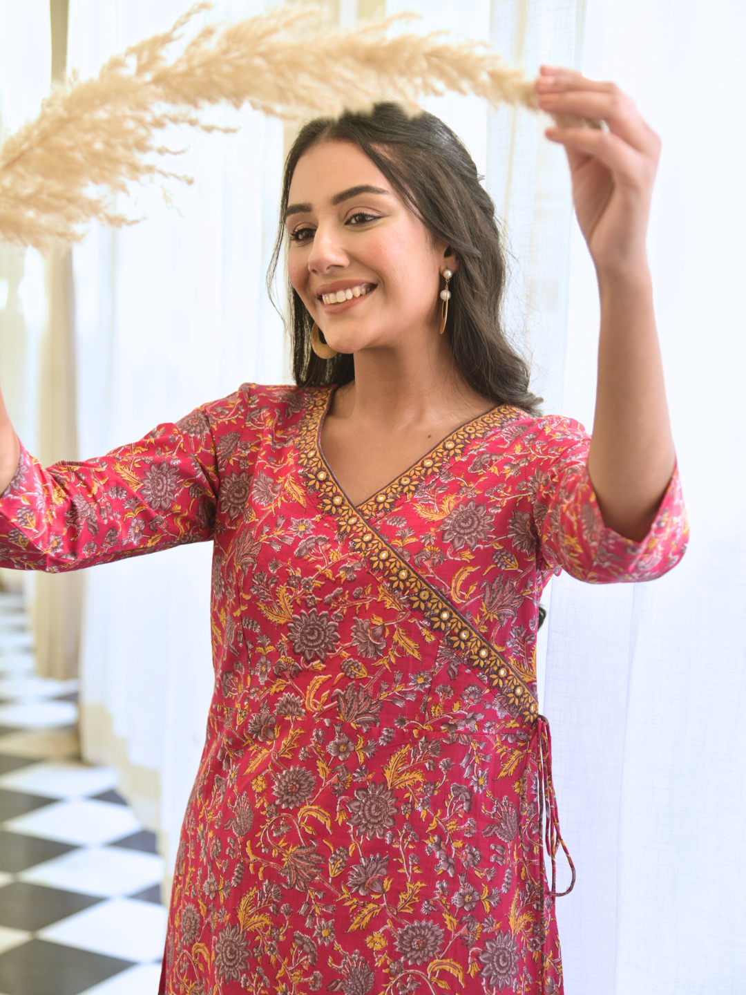 Pink Floral Print Angrakha Kurta with Neck Embroidery