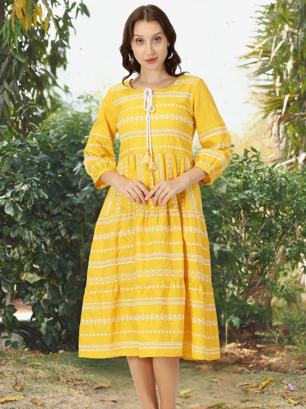 Yellow Embroidered Tiered Boho Midi Dress