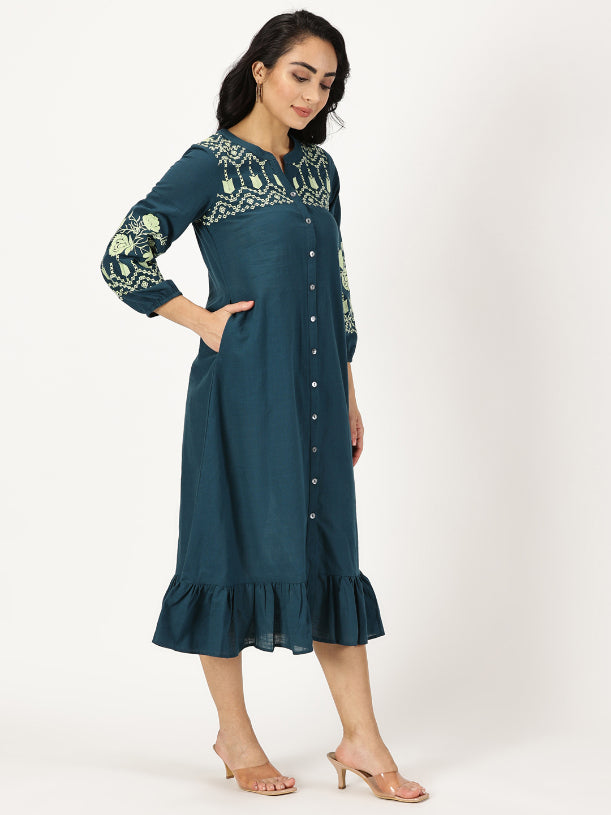 Teal Boho Midi Dress with Embroidered Details