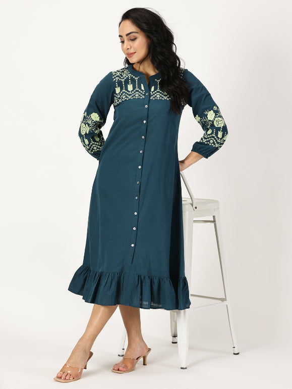 Teal Boho Midi Dress with Embroidered Details