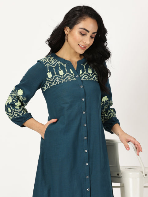 Teal Boho Midi Dress with Embroidered Details