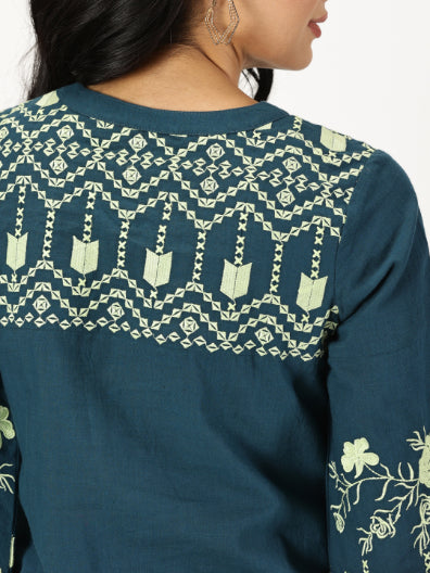 Teal Boho Midi Dress with Embroidered Details