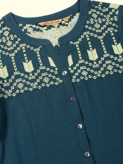 Teal Boho Midi Dress with Embroidered Details