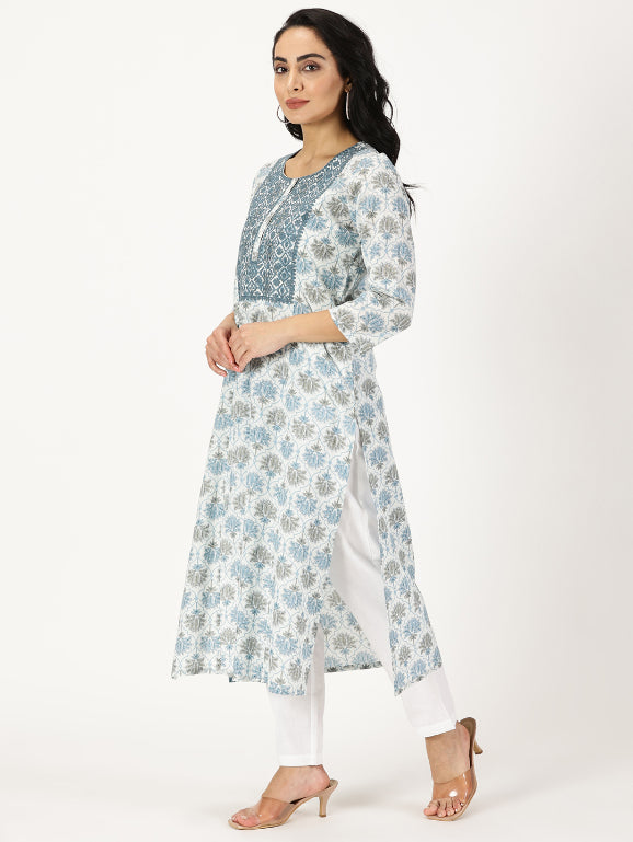 White-Blue Lotus Print Kurta with Yoke Embroidery