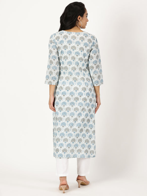 White-Blue Lotus Print Kurta with Yoke Embroidery