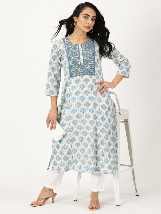 White-Blue Lotus Print Kurta with Yoke Embroidery