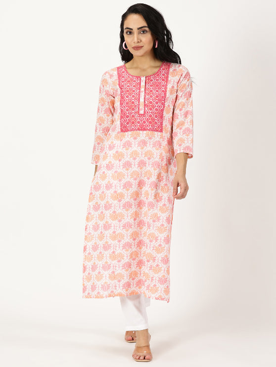 White-Pink Lotus Print Kurta with Yoke Embroidery