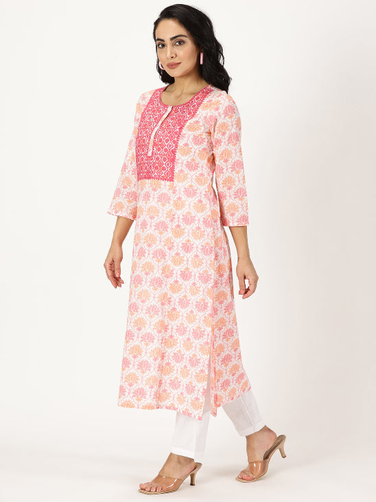 White-Pink Lotus Print Kurta with Yoke Embroidery