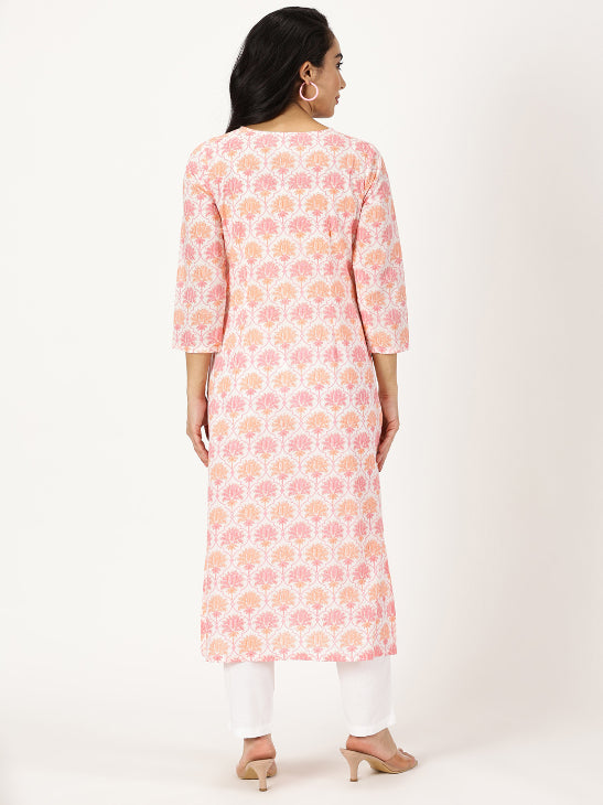 White-Pink Lotus Print Kurta with Yoke Embroidery