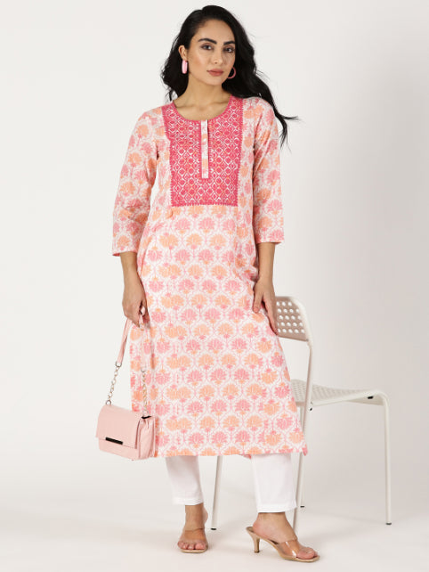 White-Pink Lotus Print Kurta with Yoke Embroidery
