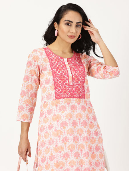 White-Pink Lotus Print Kurta with Yoke Embroidery