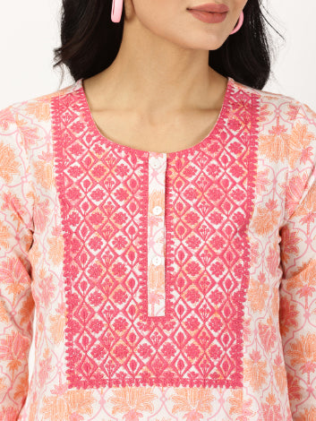 White-Pink Lotus Print Kurta with Yoke Embroidery