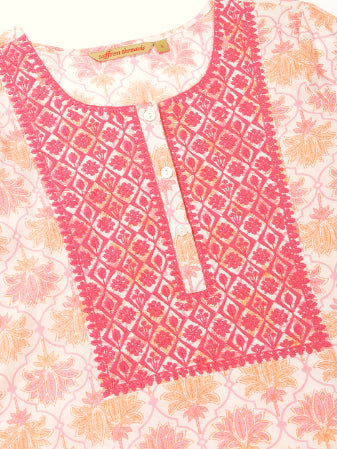 White-Pink Lotus Print Kurta with Yoke Embroidery