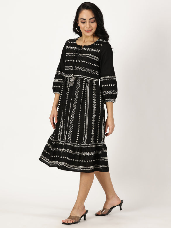 Black Embroidered Boho Midi Dress