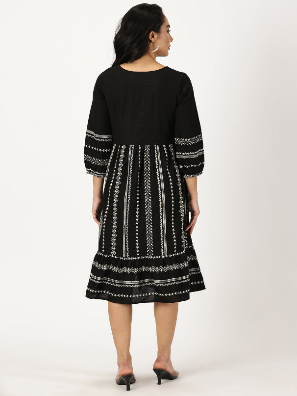 Black Embroidered Boho Midi Dress