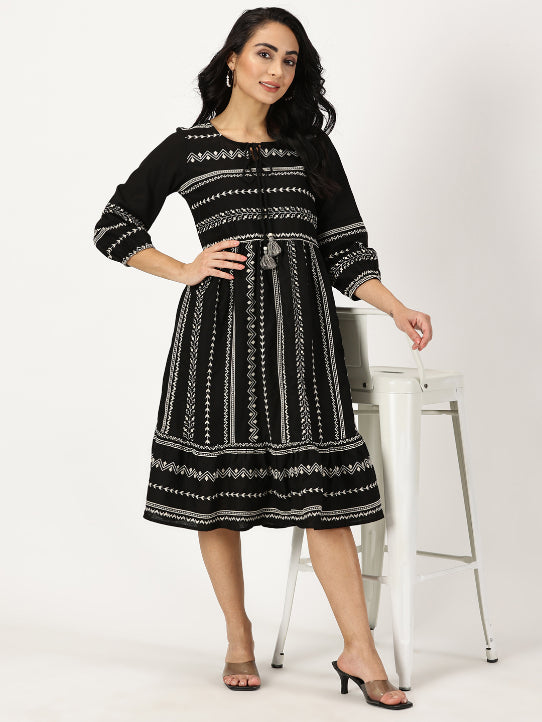 Black Embroidered Boho Midi Dress