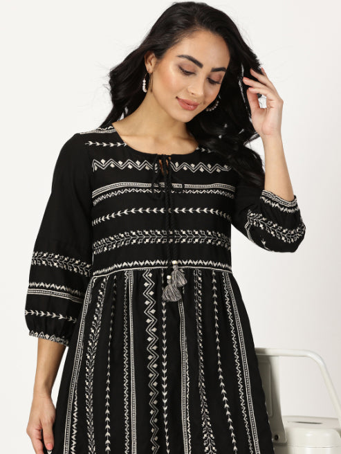 Black Embroidered Boho Midi Dress