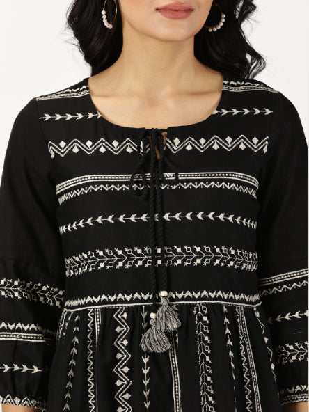 Black Embroidered Boho Midi Dress