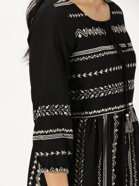 Black Embroidered Boho Midi Dress