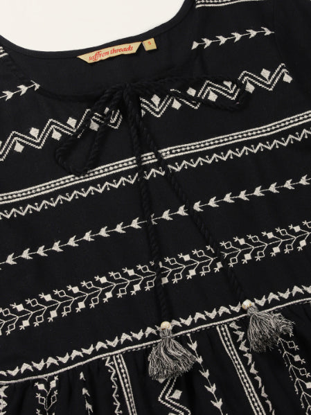 Black Embroidered Boho Midi Dress