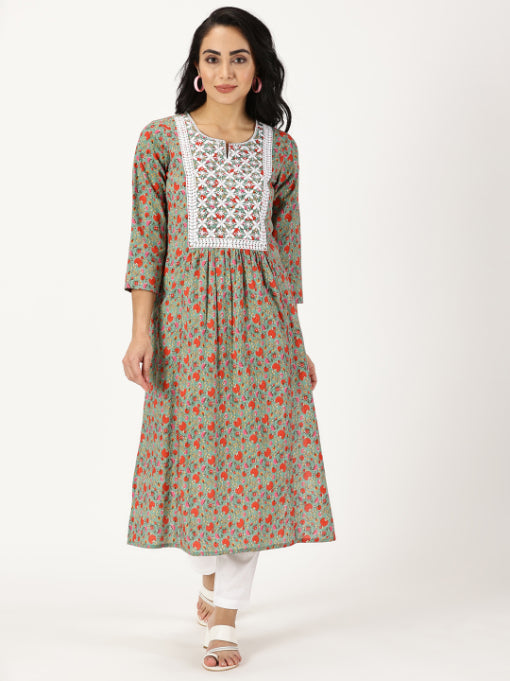 Green Floral Print Kurta with Chikankari Embroidery