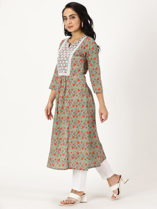 Green Floral Print Kurta with Chikankari Embroidery