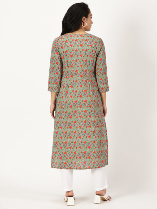 Green Floral Print Kurta with Chikankari Embroidery