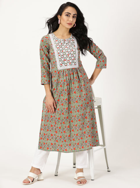 Green Floral Print Kurta with Chikankari Embroidery