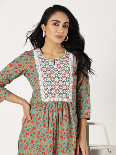 Green Floral Print Kurta with Chikankari Embroidery