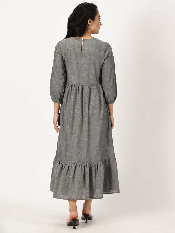 Melange Grey Boho Midi Dress with Yoke Embroidery