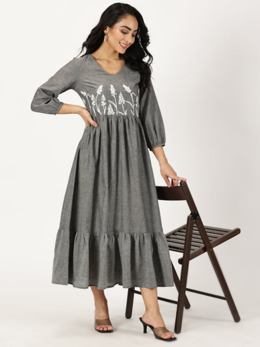 Melange Grey Boho Midi Dress with Yoke Embroidery