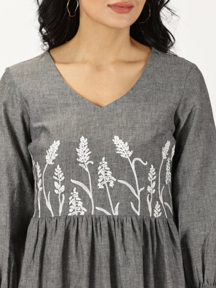 Melange Grey Boho Midi Dress with Yoke Embroidery